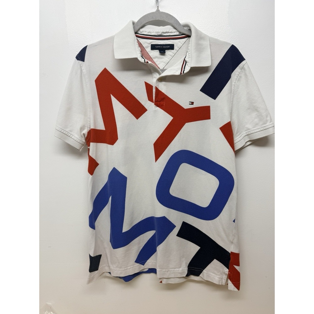 Tommy Hilfiger Mens Logo Polo Shirt Red White Blue Graphic Medium Retro #13